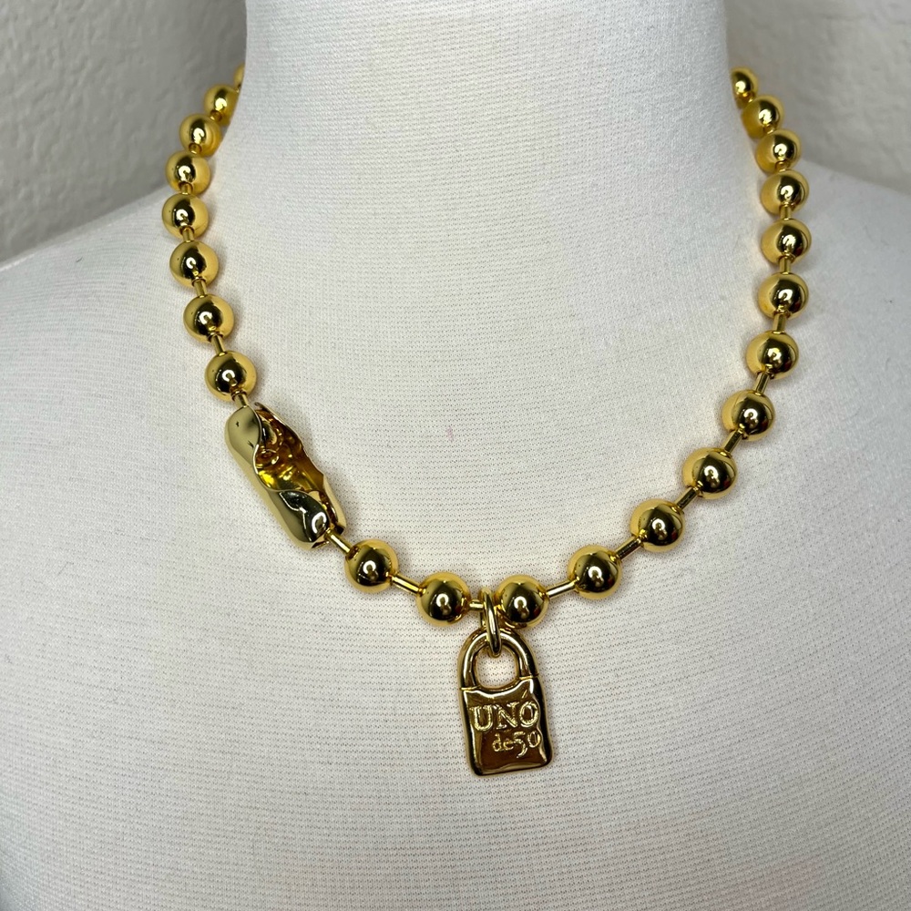 NEW Gold Beaded Necklace with Padlock Charm